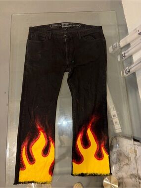 Vans Men’s Black Jeans with Custom Art of Yellow and Red Flames on the Hem